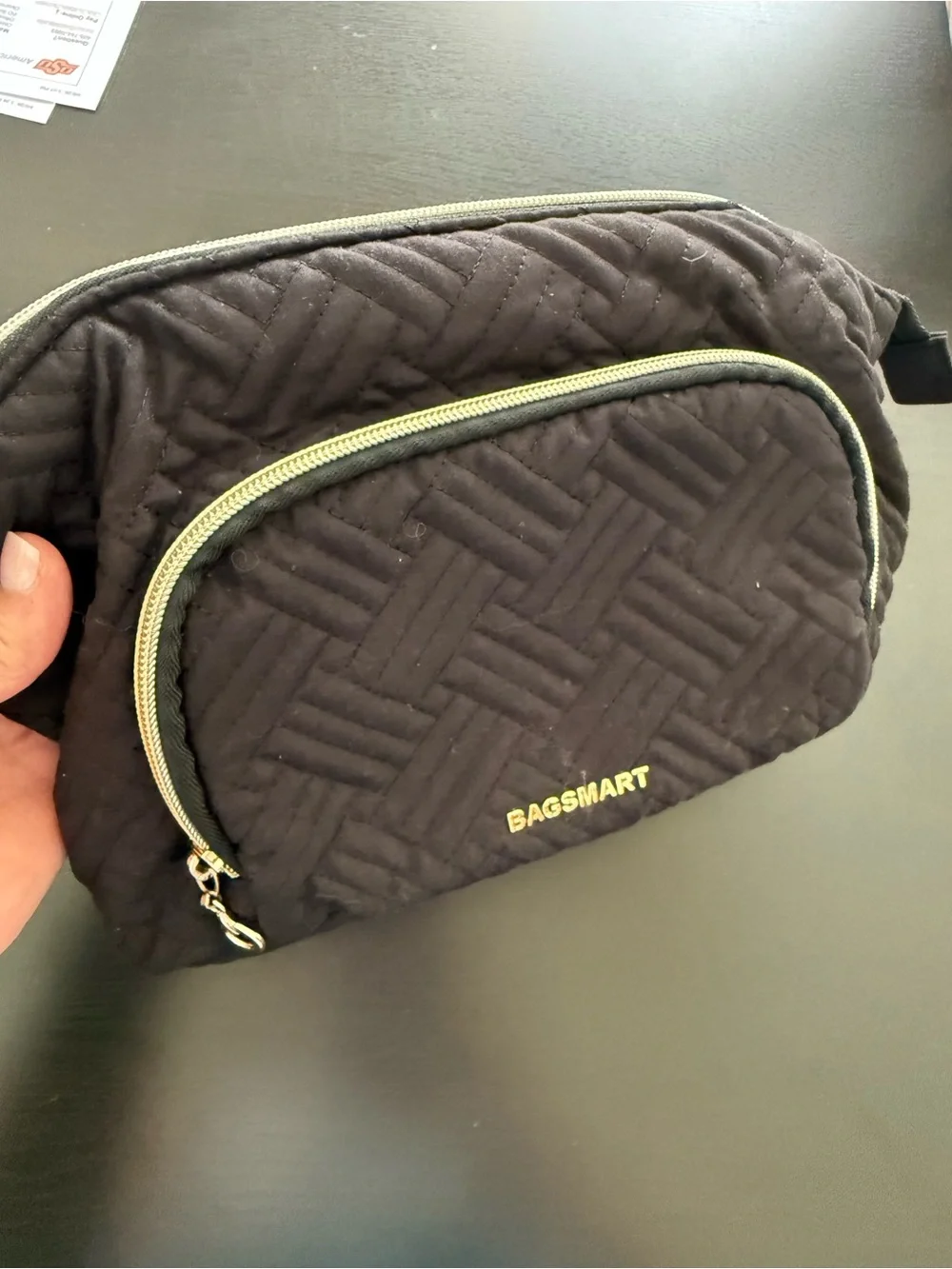 BAGSMART Black quilted herringbone pattern toiletries/makeup bag